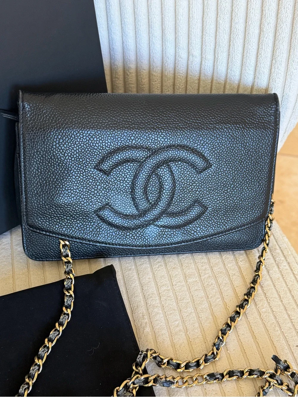 Vintage CHANEL caviar leather bag, suede dust bag, box and authenticity card 8x5